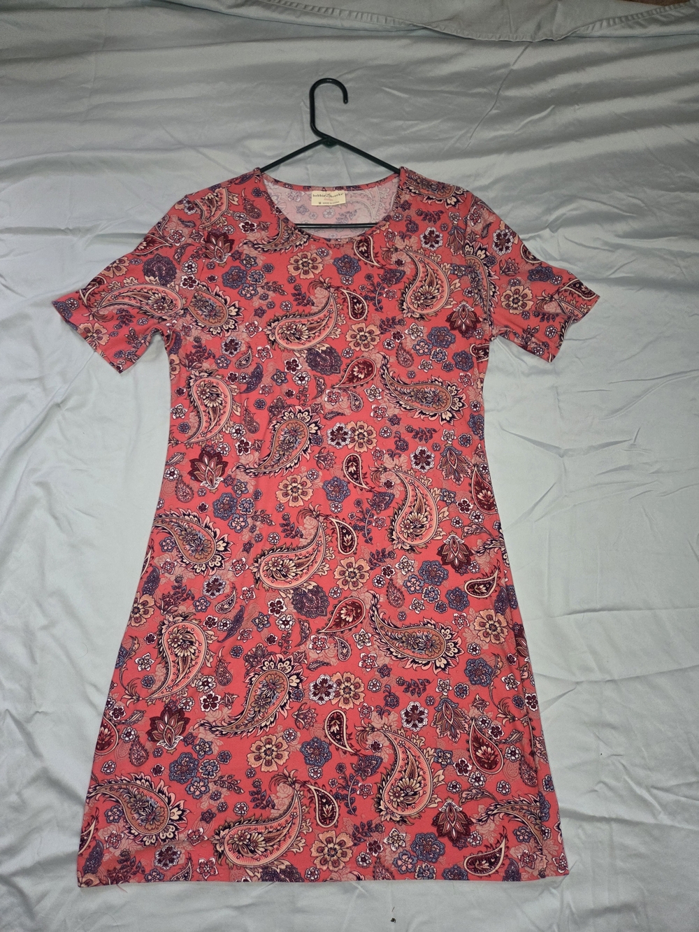 Bobbie Brooks Coral Paisley Floral T-Shirt Dress Women's Medium Casual Stretch